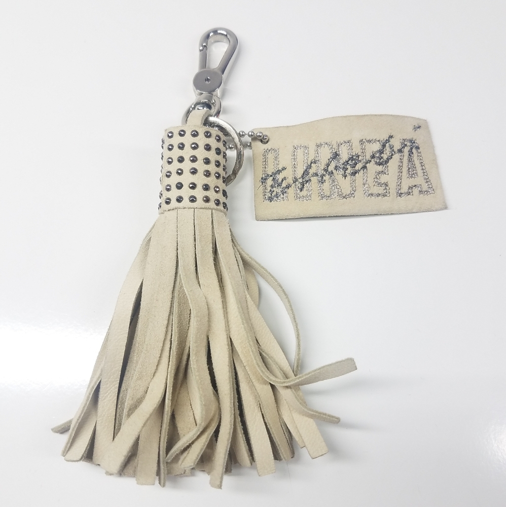 Beige Suede Fringe Studded Keychain Clip